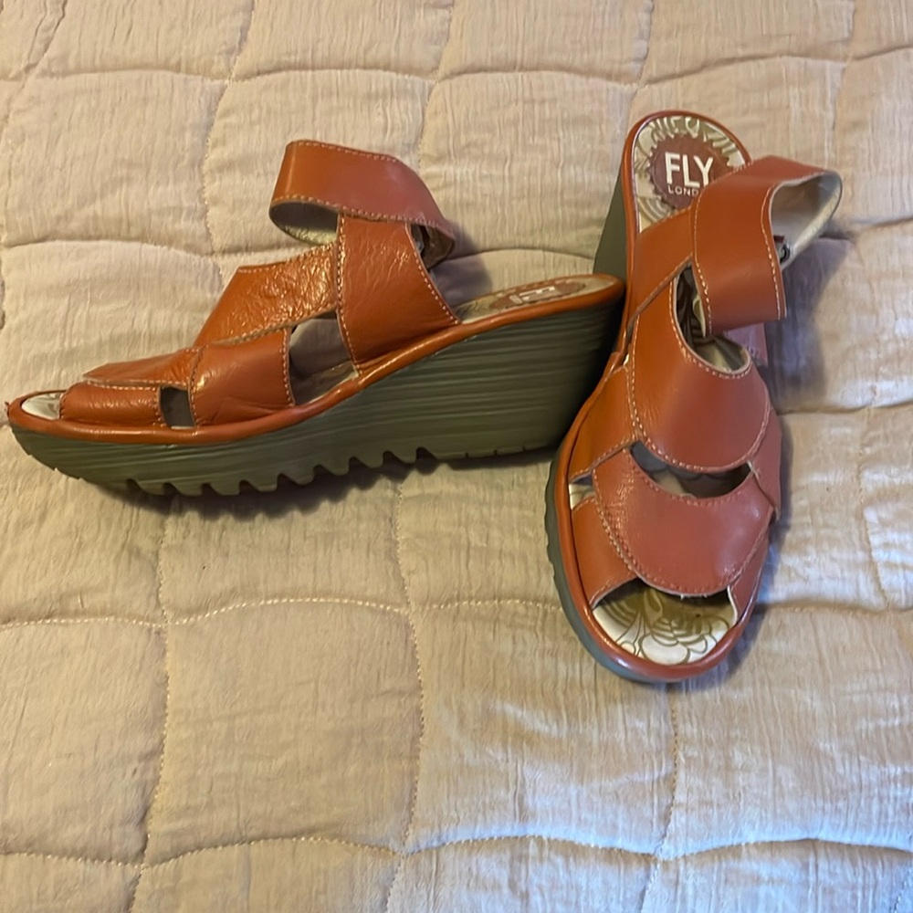 Fly London shoes sandals wedge leather rusty orange size 8